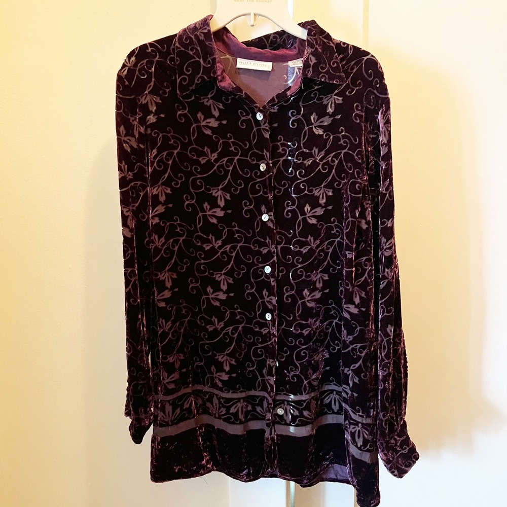 Valerie Stevens Vintage‎ Blouse 16W Purple Rayon Silk Velvet Whimsigoth Witchy